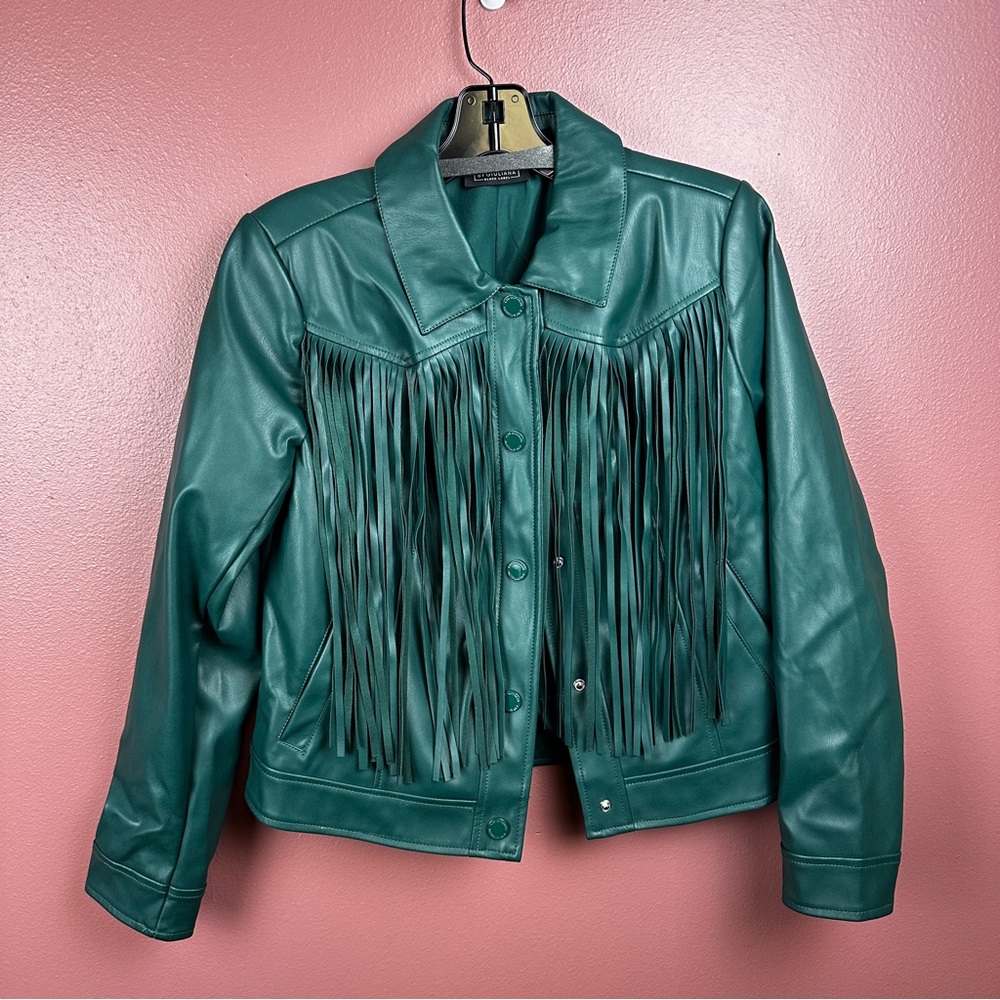 G by Giuliana Black Label Faux Leather Graphic Fringe Jacket Rainforest Green - Picture 3 of 10
